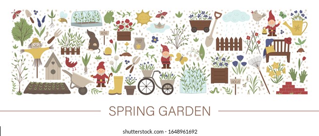 Vector horizontal layout set with garden tools, flowers, herbs, plants, insects. Gardening equipment banner, party invitation or background. Cute funny spring card template