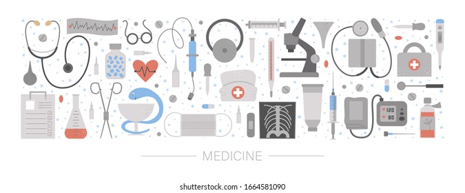 Vector horizontal layout set with medical equipment and tools. Medicine elements banner design. Cute funny health care, check or research card template