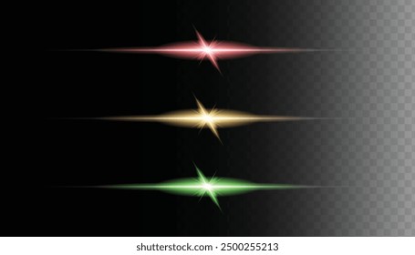 Vector horizontal lens flares special lens flash light effect. Laser beams sparkle on transparent background. Glowing streaks effect png. Luminous abstract sparkling lined illustration