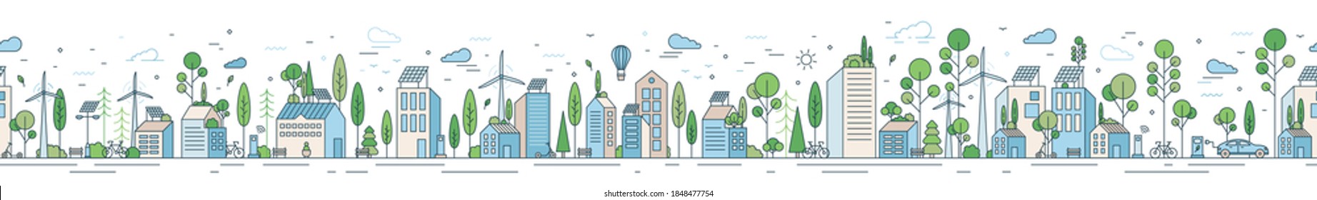 Vector horizontal line art illustration of eco cityscape with alternative energy. Seamless pattern with environmentally friendly city with roof greening, solar panels and windmills