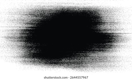 Vector horizontal line halftone texture with central black spot. Grunge noise pattern with distortion and glitch effect.