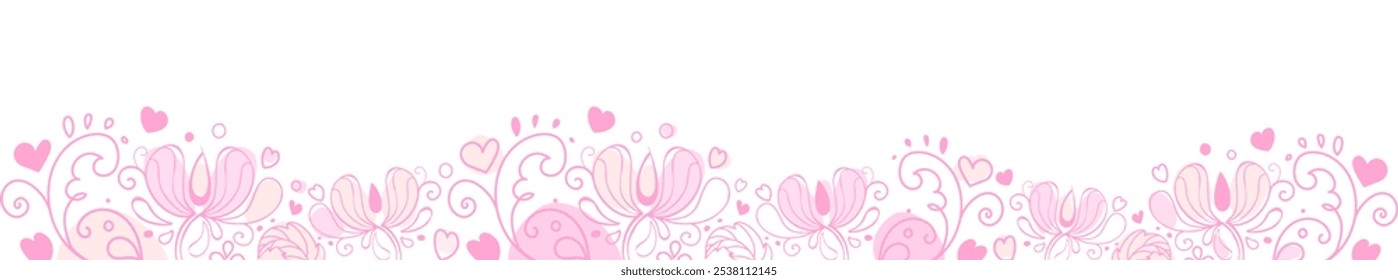 Vektor horizontale lange Banner-Illustration mit doodle einfache rosa Herzen, Blumen, Linie Kunst Zeichnung auf weiß. Alles Gute zum Valentinstag. Für Einladungen, Banner, Druck, Umschlag, Verpackung, Tapete Eps 10