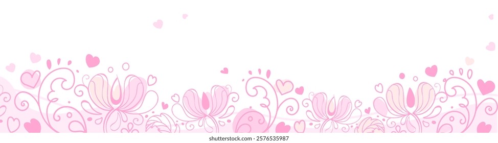 Vector horizontal long banner illustration with doodle simple pink hearts, flowers, line art drawing isolated. Happy Valentine's day. For invitations, banner, print, cover, packaging, wallpaper Eps 10