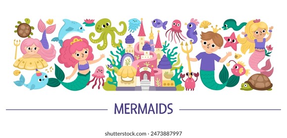 Vector horizontal mermaids set. Underwater kingdom card template design with ocean princess, prince, castle. Marine fairytale characters for kids. Cute water or sea adventures border with sirens
