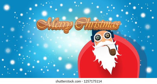 vector horizontal merry christmas greeting card or banner with DJ rock n roll santa claus with smoking pipe and funky hat isolated on blue background with falling snowflakes and lights