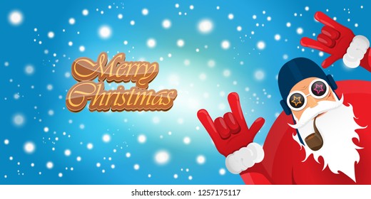 vector horizontal merry christmas greeting card or banner with DJ rock n roll santa claus with smoking pipe and funky hat isolated on blue background with falling snowflakes and lights