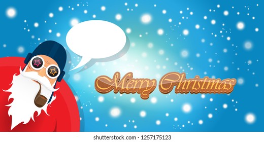 vector horizontal merry christmas greeting card or banner with DJ rock n roll santa claus with smoking pipe and funky hat isolated on blue background with falling snowflakes and lights
