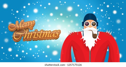 vector horizontal merry christmas greeting card or banner with DJ rock n roll santa claus with smoking pipe and funky hat isolated on blue background with falling snowflakes and lights