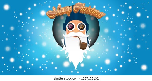 vector horizontal merry christmas greeting card or banner with DJ rock n roll santa claus with smoking pipe and funky hat isolated on blue background with falling snowflakes and lights