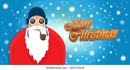 vector horizontal merry christmas greeting card or banner with DJ rock n roll santa claus with smoking pipe and funky hat isolated on blue background with falling snowflakes and lights