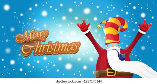 vector horizontal merry christmas greeting card or banner with DJ rock n roll santa claus with smoking pipe and funky hat isolated on blue background with falling snowflakes and lights