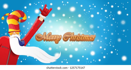 vector horizontal merry christmas greeting card or banner with DJ rock n roll santa claus with smoking pipe and funky hat isolated on blue background with falling snowflakes and lights