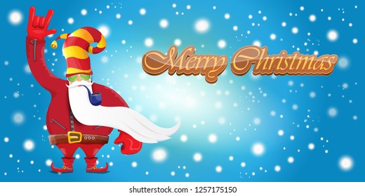vector horizontal merry christmas greeting card or banner with DJ rock n roll santa claus with smoking pipe and funky hat isolated on blue background with falling snowflakes and lights