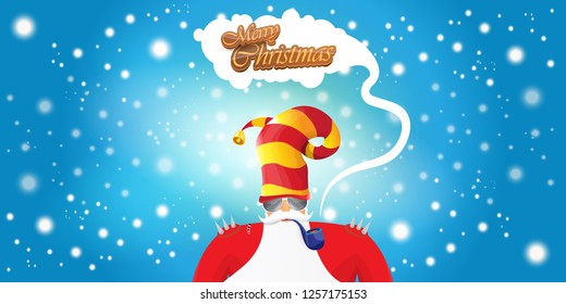 vector horizontal merry christmas greeting card or banner with DJ rock n roll santa claus with smoking pipe and funky hat isolated on blue background with falling snowflakes and lights