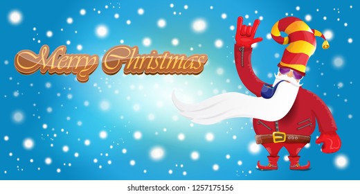 vector horizontal merry christmas greeting card or banner with DJ rock n roll santa claus with smoking pipe and funky hat isolated on blue background with falling snowflakes and lights