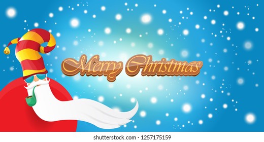 vector horizontal merry christmas greeting card or banner with DJ rock n roll santa claus with smoking pipe and funky hat isolated on blue background with falling snowflakes and lights