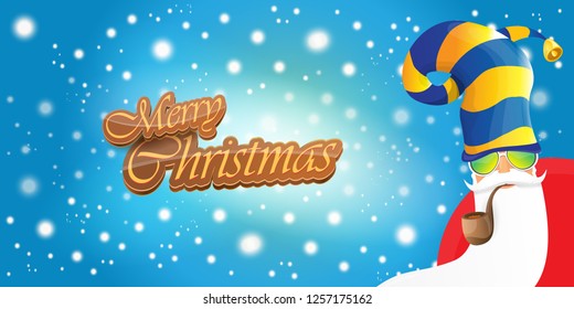 vector horizontal merry christmas greeting card or banner with DJ rock n roll santa claus with smoking pipe and funky hat isolated on blue background with falling snowflakes and lights