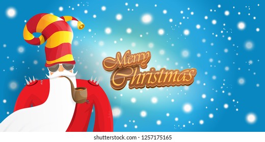 vector horizontal merry christmas greeting card or banner with DJ rock n roll santa claus with smoking pipe and funky hat isolated on blue background with falling snowflakes and lights