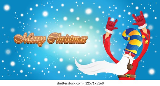 vector horizontal merry christmas greeting card or banner with DJ rock n roll santa claus with smoking pipe and funky hat isolated on blue background with falling snowflakes and lights