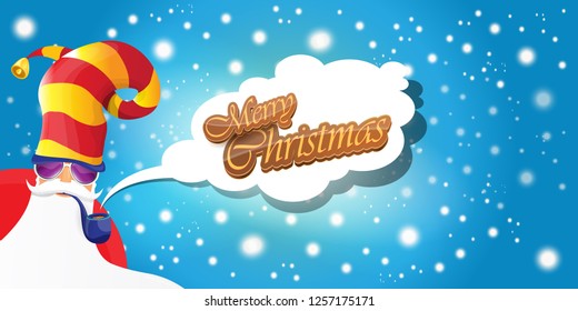 vector horizontal merry christmas greeting card or banner with DJ rock n roll santa claus with smoking pipe and funky hat isolated on blue background with falling snowflakes and lights