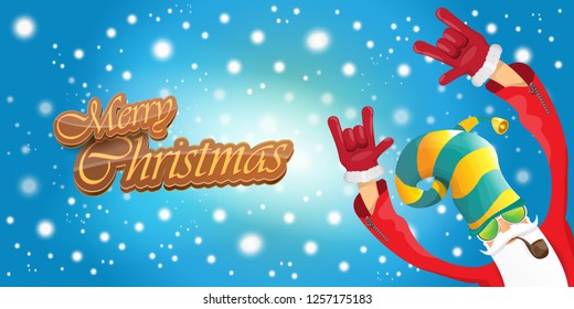 vector horizontal merry christmas greeting card or banner with DJ rock n roll santa claus with smoking pipe and funky hat isolated on blue background with falling snowflakes and lights