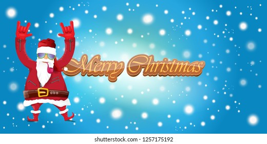 vector horizontal merry christmas greeting card or banner with DJ rock n roll santa claus with smoking pipe and funky hat isolated on blue background with falling snowflakes and lights