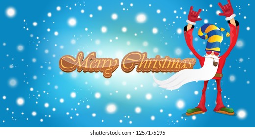 vector horizontal merry christmas greeting card or banner with DJ rock n roll santa claus with smoking pipe and funky hat isolated on blue background with falling snowflakes and lights