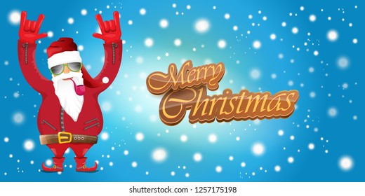 vector horizontal merry christmas greeting card or banner with DJ rock n roll santa claus with smoking pipe and funky hat isolated on blue background with falling snowflakes and lights