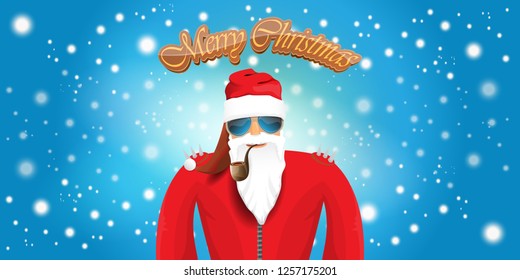 vector horizontal merry christmas greeting card or banner with DJ rock n roll santa claus with smoking pipe and funky hat isolated on blue background with falling snowflakes and lights