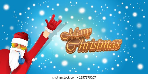 vector horizontal merry christmas greeting card or banner with DJ rock n roll santa claus with smoking pipe and funky hat isolated on blue background with falling snowflakes and lights