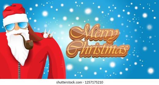 vector horizontal merry christmas greeting card or banner with DJ rock n roll santa claus with smoking pipe and funky hat isolated on blue background with falling snowflakes and lights