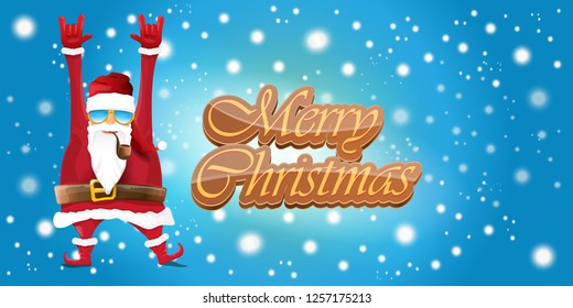 vector horizontal merry christmas greeting card or banner with DJ rock n roll santa claus with smoking pipe and funky hat isolated on blue background with falling snowflakes and lights