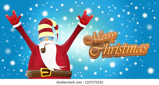 vector horizontal merry christmas greeting card or banner with DJ rock n roll santa claus with smoking pipe and funky hat isolated on blue background with falling snowflakes and lights