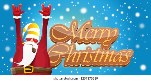 vector horizontal merry christmas greeting card or banner with DJ rock n roll santa claus with smoking pipe and funky hat isolated on blue background with falling snowflakes and lights