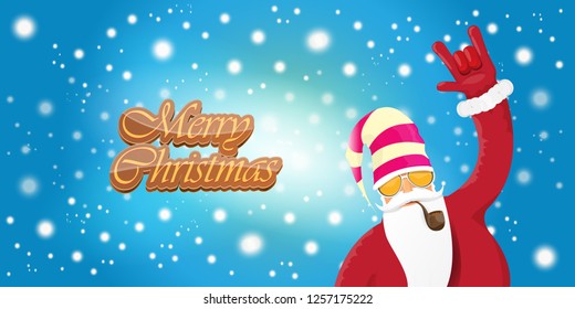 vector horizontal merry christmas greeting card or banner with DJ rock n roll santa claus with smoking pipe and funky hat isolated on blue background with falling snowflakes and lights