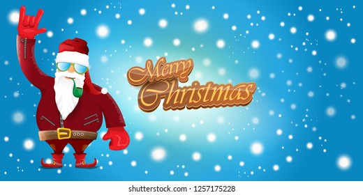 vector horizontal merry christmas greeting card or banner with DJ rock n roll santa claus with smoking pipe and funky hat isolated on blue background with falling snowflakes and lights