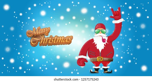 vector horizontal merry christmas greeting card or banner with DJ rock n roll santa claus with smoking pipe and funky hat isolated on blue background with falling snowflakes and lights