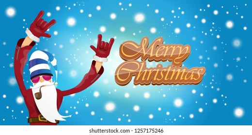 vector horizontal merry christmas greeting card or banner with DJ rock n roll santa claus with smoking pipe and funky hat isolated on blue background with falling snowflakes and lights