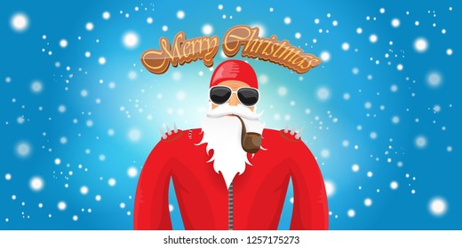 vector horizontal merry christmas greeting card or banner with DJ rock n roll santa claus with smoking pipe and funky hat isolated on blue background with falling snowflakes and lights