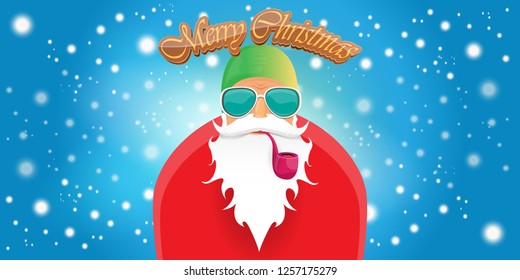 vector horizontal merry christmas greeting card or banner with DJ rock n roll santa claus with smoking pipe and funky hat isolated on blue background with falling snowflakes and lights