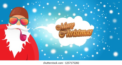 vector horizontal merry christmas greeting card or banner with DJ rock n roll santa claus with smoking pipe and funky hat isolated on blue background with falling snowflakes and lights