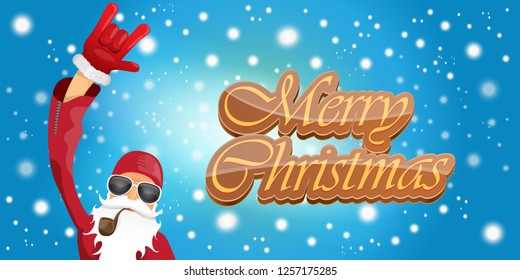 vector horizontal merry christmas greeting card or banner with DJ rock n roll santa claus with smoking pipe and funky hat isolated on blue background with falling snowflakes and lights