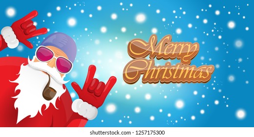 vector horizontal merry christmas greeting card or banner with DJ rock n roll santa claus with smoking pipe and funky hat isolated on blue background with falling snowflakes and lights