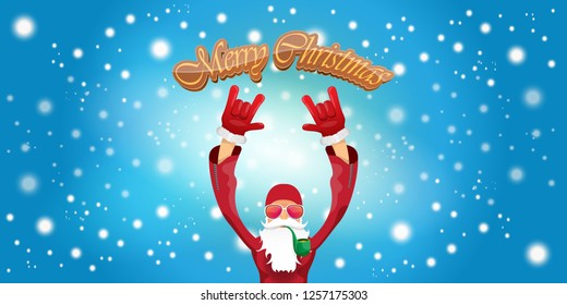 vector horizontal merry christmas greeting card or banner with DJ rock n roll santa claus with smoking pipe and funky hat isolated on blue background with falling snowflakes and lights