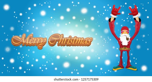 vector horizontal merry christmas greeting card or banner with DJ rock n roll santa claus with smoking pipe and funky hat isolated on blue background with falling snowflakes and lights