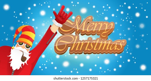 vector horizontal merry christmas greeting card or banner with DJ rock n roll santa claus with smoking pipe and funky hat isolated on blue background with falling snowflakes and lights