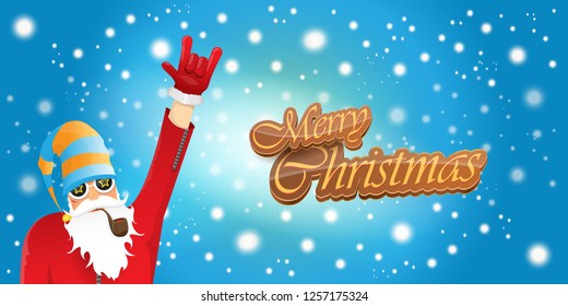 vector horizontal merry christmas greeting card or banner with DJ rock n roll santa claus with smoking pipe and funky hat isolated on blue background with falling snowflakes and lights