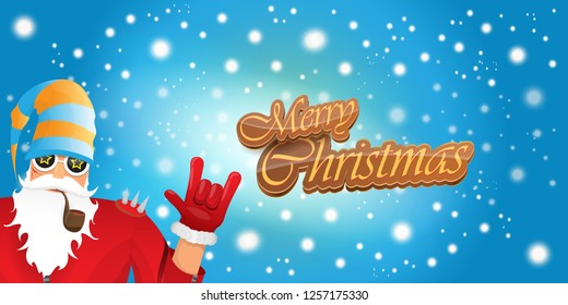 vector horizontal merry christmas greeting card or banner with DJ rock n roll santa claus with smoking pipe and funky hat isolated on blue background with falling snowflakes and lights