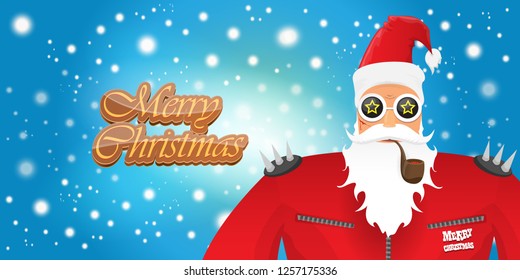 vector horizontal merry christmas greeting card or banner with DJ rock n roll santa claus with smoking pipe and funky hat isolated on blue background with falling snowflakes and lights