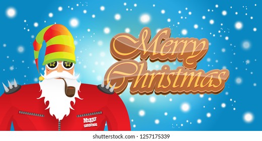 vector horizontal merry christmas greeting card or banner with DJ rock n roll santa claus with smoking pipe and funky hat isolated on blue background with falling snowflakes and lights